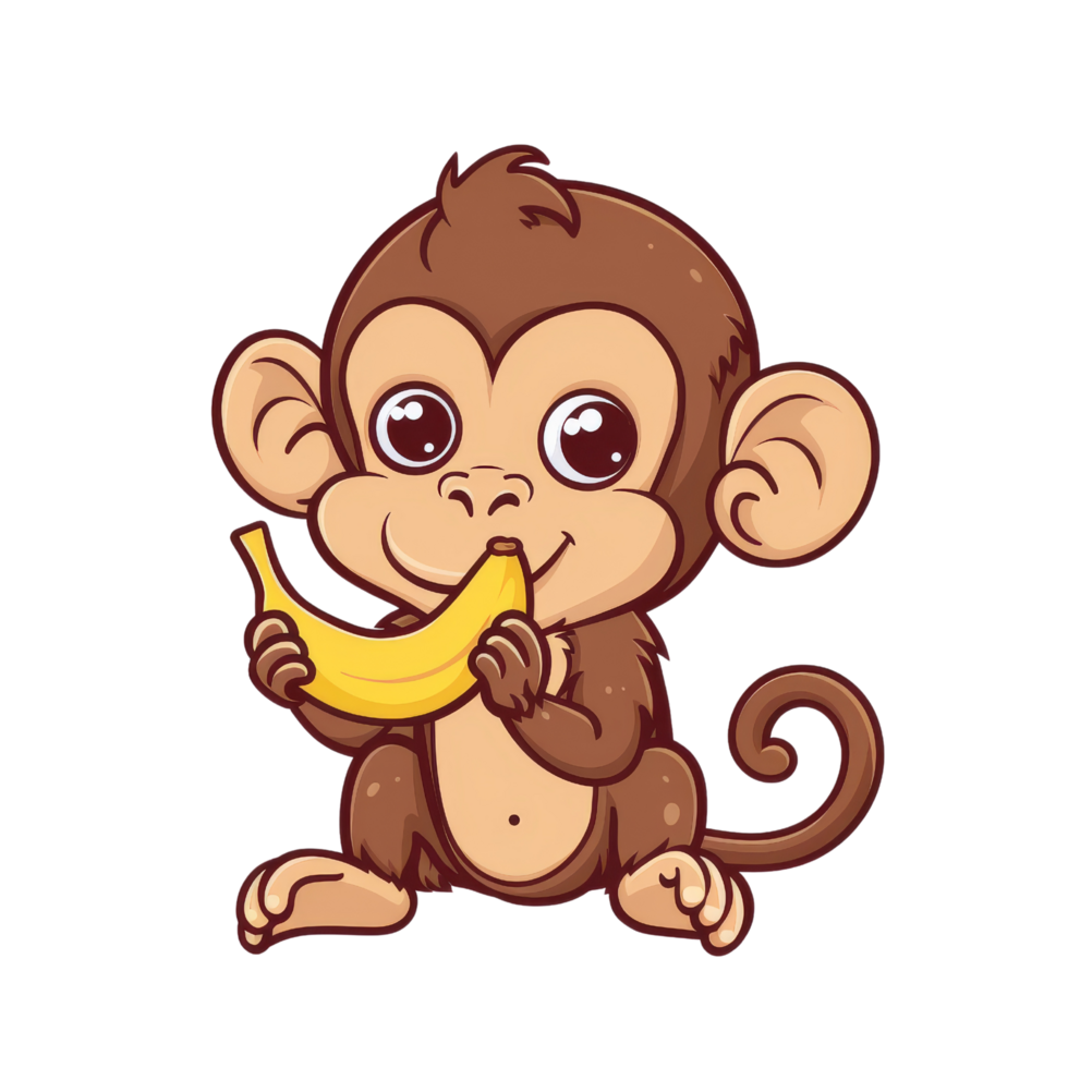 Cute cartoon monkey eating banana. Adorable illustration of primate enjoying fruit. Design for kids products, apparel, or educational materials. png