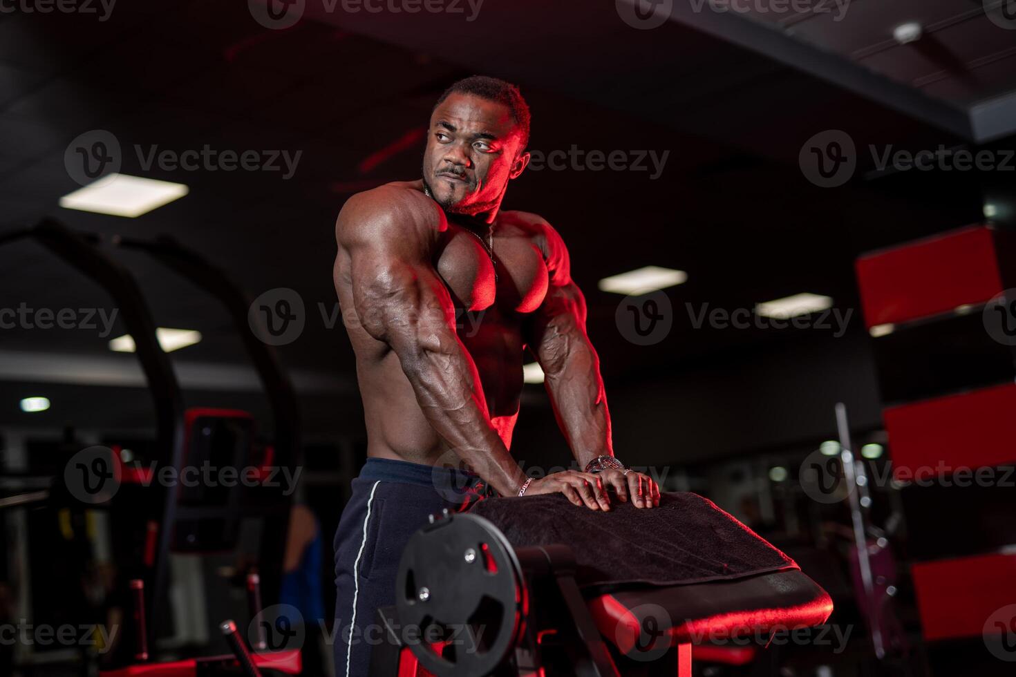 Trained and muscular sportsman poses to the camera without shirt. African american athlete with perfect muscular body. Modern gym backgrpund. Closeup. photo