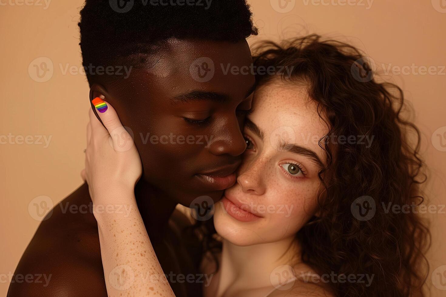Portrait of Diverse Couple Embracing With Rainbow Pride Nail Art Against Warm Peach Background for Celebrating Love and Inclusivity. Pride day June month love LGBTQ concept. photo