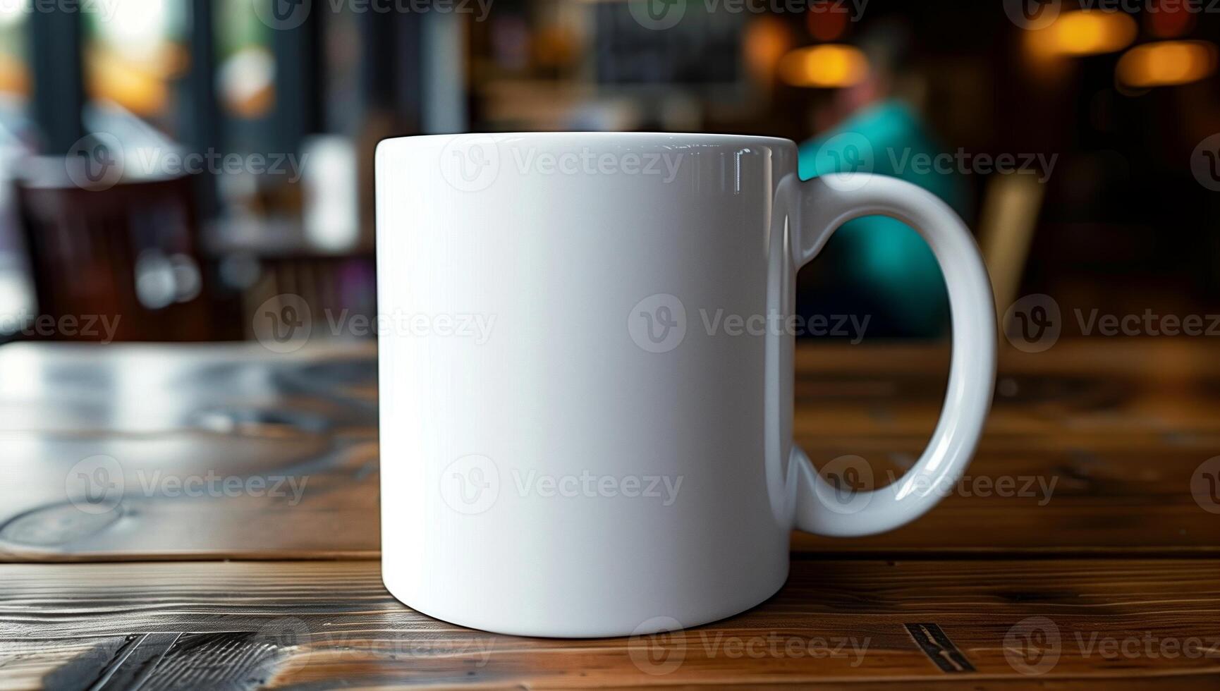 White Ceramic Coffee Mug on Rustic Wooden Table in Cozy Cafe, Perfect for Coffee Shops, Restaurants, or Home Kitchen Decor, Featuring Soft Background Blur and Warm Ambiance photo