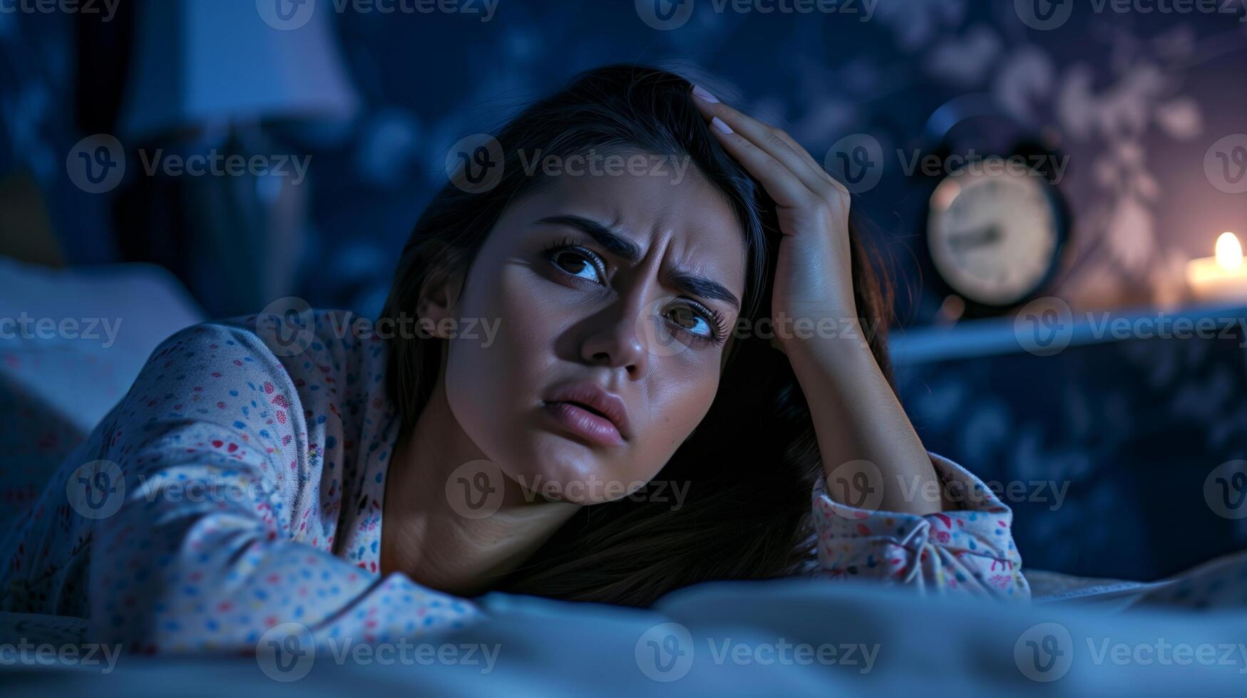 Distressed Young Woman in Bed at Night Suffering From Insomnia, Pensive Expression, Low-Light Bedroom Scene with Alarm Clock, Nighttime Worry and Anxiety, Sleeplessness Concept photo