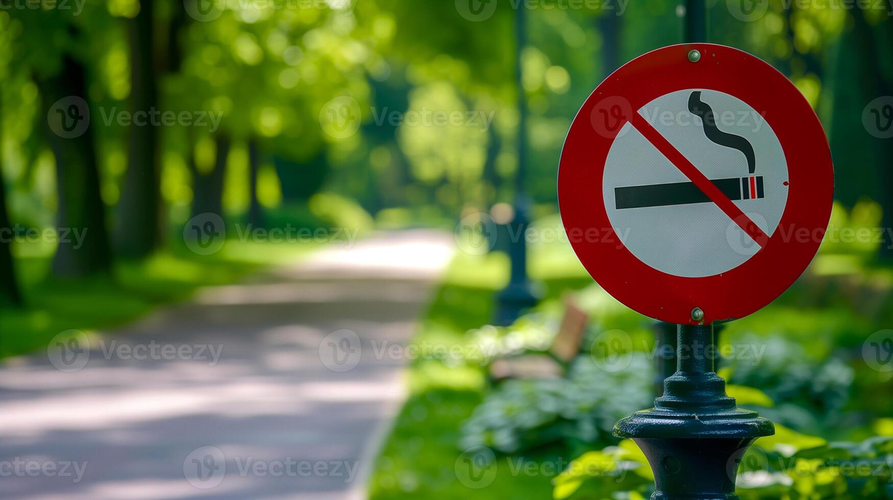 No Smoking Sign In Serene Green Park With Sunlit Pathway On A Bright Summer Day, Emphasizing Health Awareness And Clean Environment photo