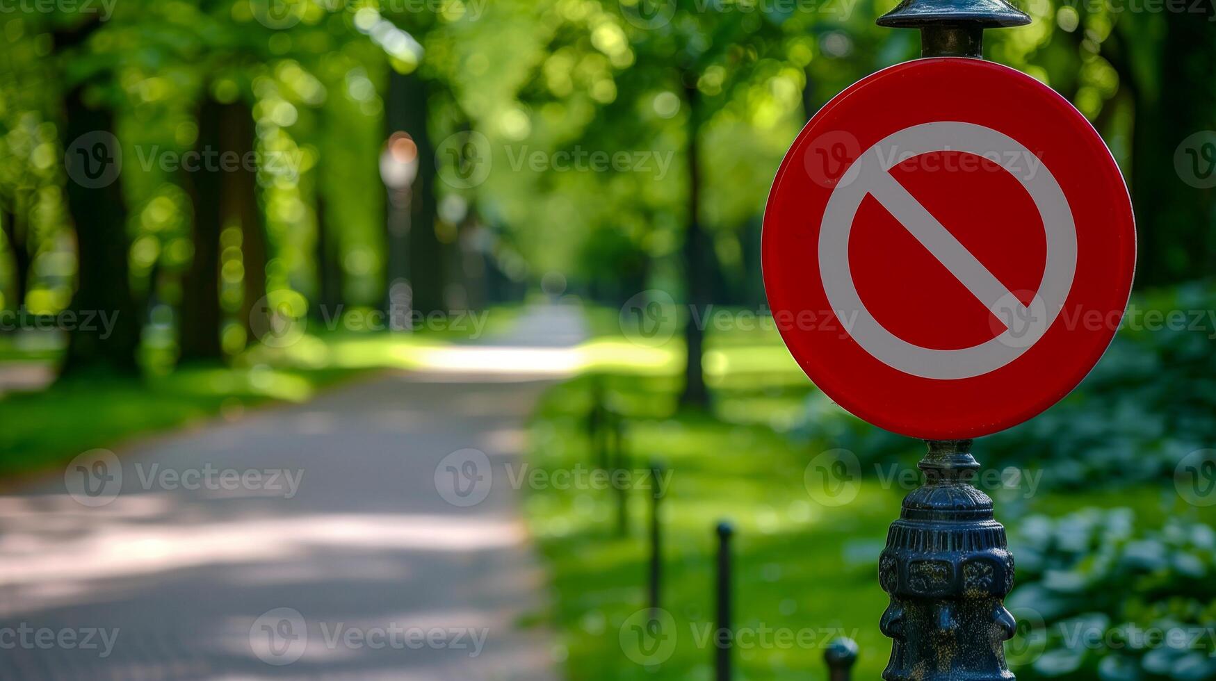 No Entry Sign Post Along Tree-Lined Path in Sunlit Park, Greenery, Summer, Calm Outdoor Scene photo