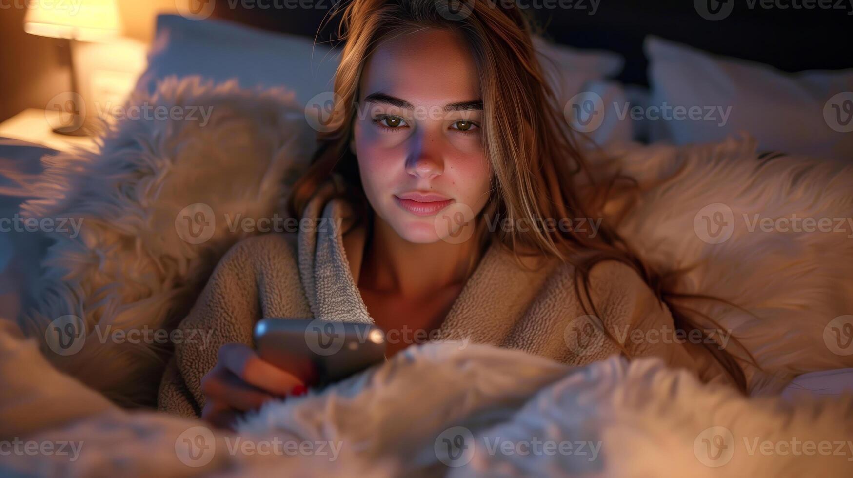 Young Woman Relaxing in Cozy Bedroom, Using Smartphone on Comfortable Bed with Warm Lighting, Enjoying Evening Indoors photo