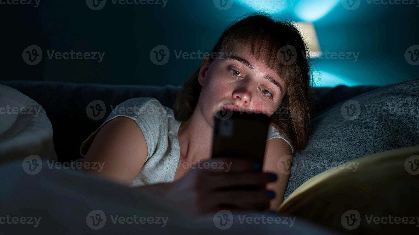 Young Woman Using Smartphone at Night on Bed with Cozy Lighting in Dark Room - Concept Modern Technology, Insomnia, Social Media, Relaxation, Nighttime, Indoor, Sleep photo