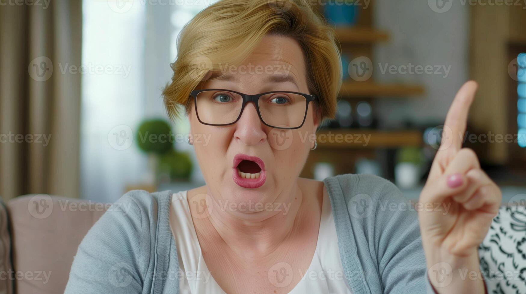 Middle age Woman Proves She's Right with Glasses in Indoor Casual Setting, Soft Lighting, Expressing Surprise, Blurred Background, Contemporary Home Decor, Studio Shot to Highlight Emotional Reaction photo