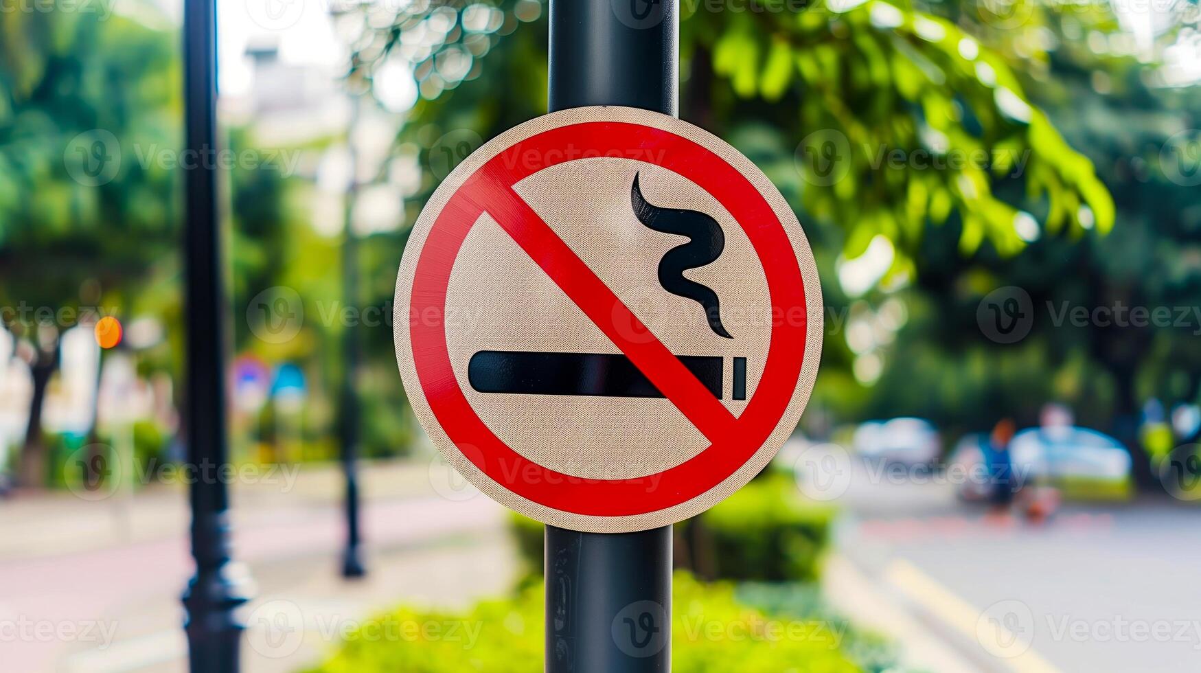 No Smoking Sign on a Pole Outdoors on a Bright Day in a Park Setting with Trees Blur Background photo