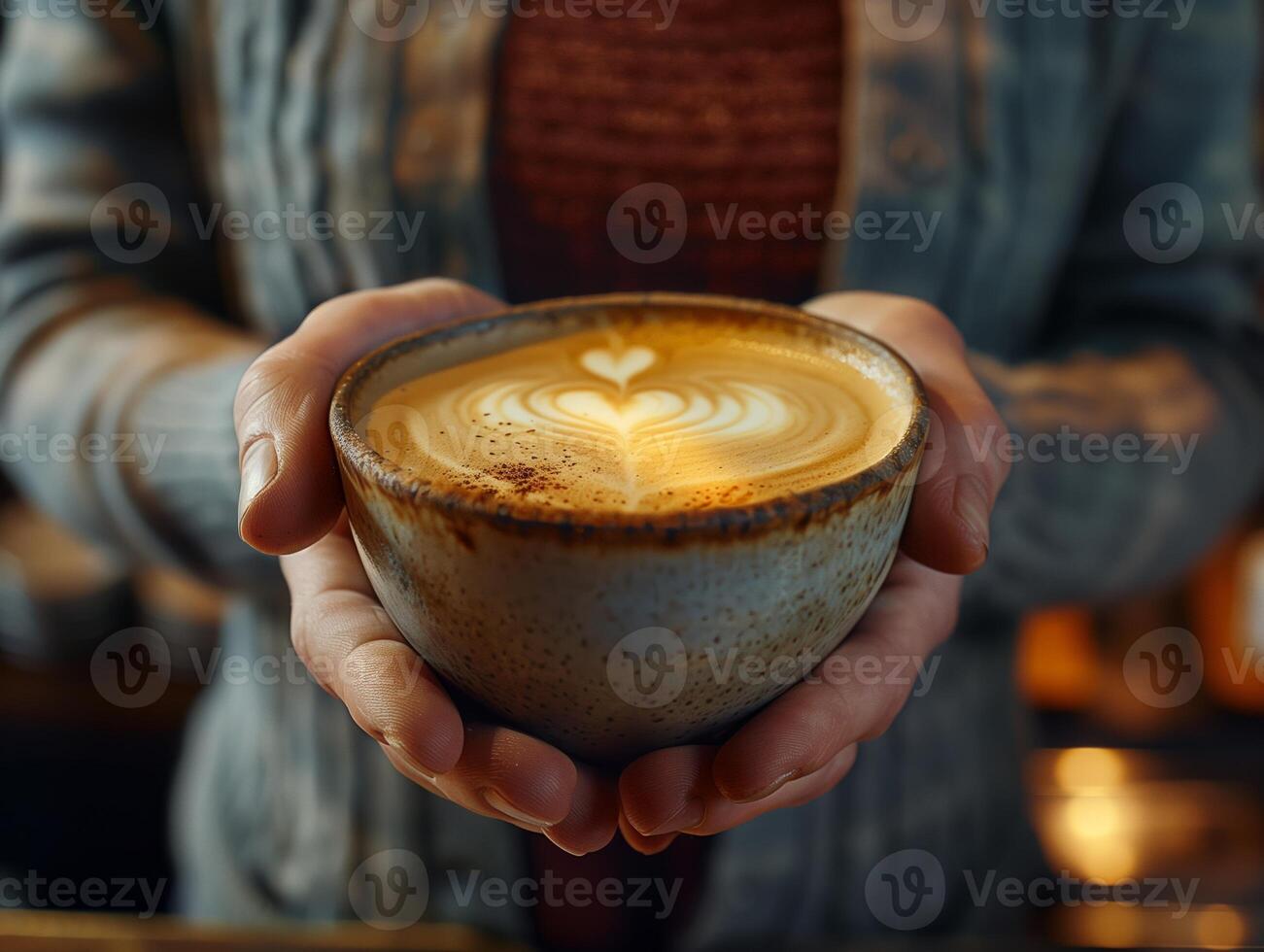 Close-Up of Hands Holding Artisan Latte in Rustic Mug with Heart-Shaped Foam Design in Warm Coffee Shop Setting photo