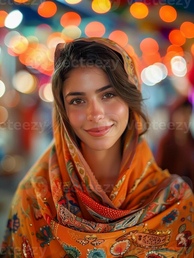 Woman in Colorful Scarf at Festive Night Market with Bokeh Lights During Holiday Celebration photo