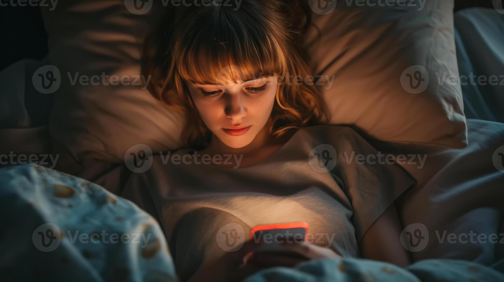 Woman in Bed Using Smartphone at Night, Illuminated Face, Cozy Indoor Scene, Captivating Nighttime Moment For Modern Lifestyle and Connectivity Concepts photo