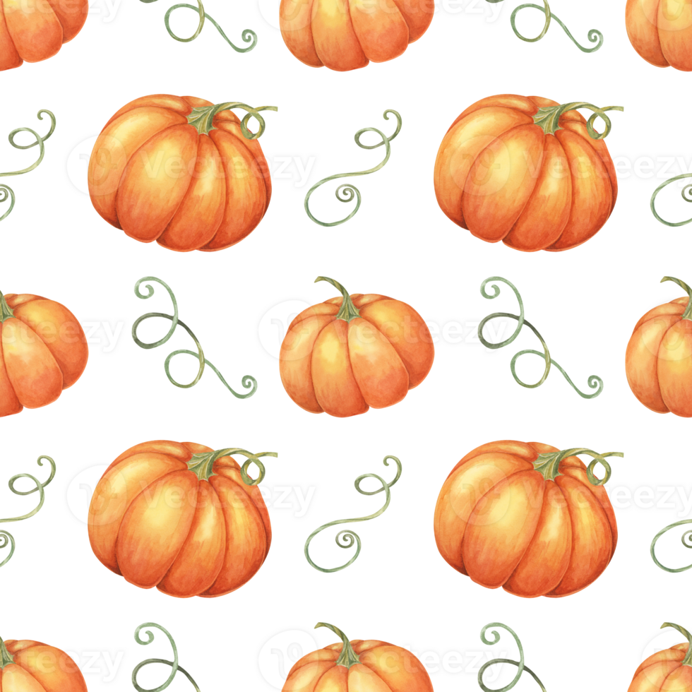 Orange pumpkins and green vines backdrop clipart. Watercolor seamless pattern for use in home decor, event invitations, themed merchandise, and seasonal tableware. png
