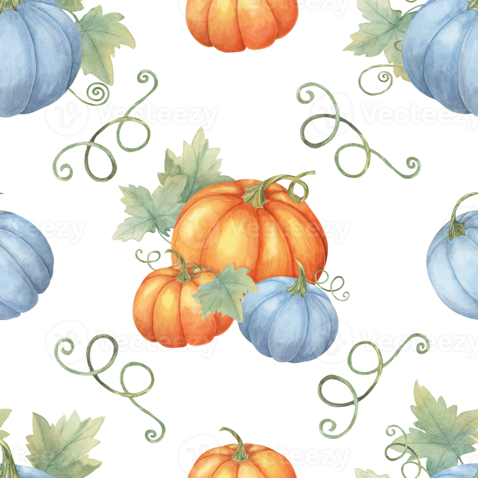 Orange and blue pumpkins with green vines background clipart. Watercolor seamless pattern Ideal for creating autumn-themed fabric designs, gift wrap, party supplies, and eco-friendly packaging png
