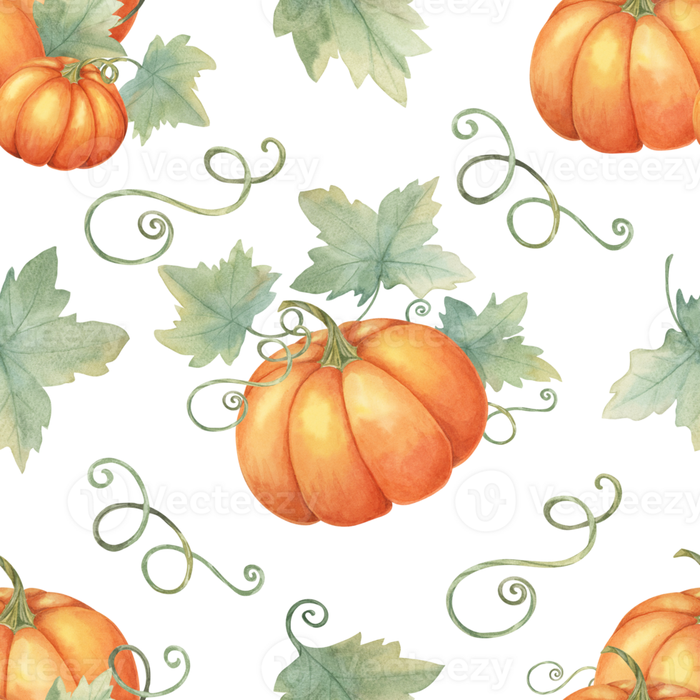 Pumpkins with green vines and foliage background clipart. Watercolor seamless pattern. Perfect for use in textile designs, kitchen decor, seasonal packaging, and fall-themed event decorations png