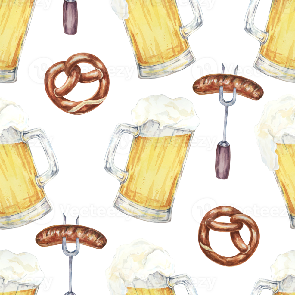 Beer mugs, pretzels, and sausages background. Watercolor seamless pattern clipart for festive event invitations, party decor, kitchen textiles, and Oktoberfest-themed merchandise and supplies png