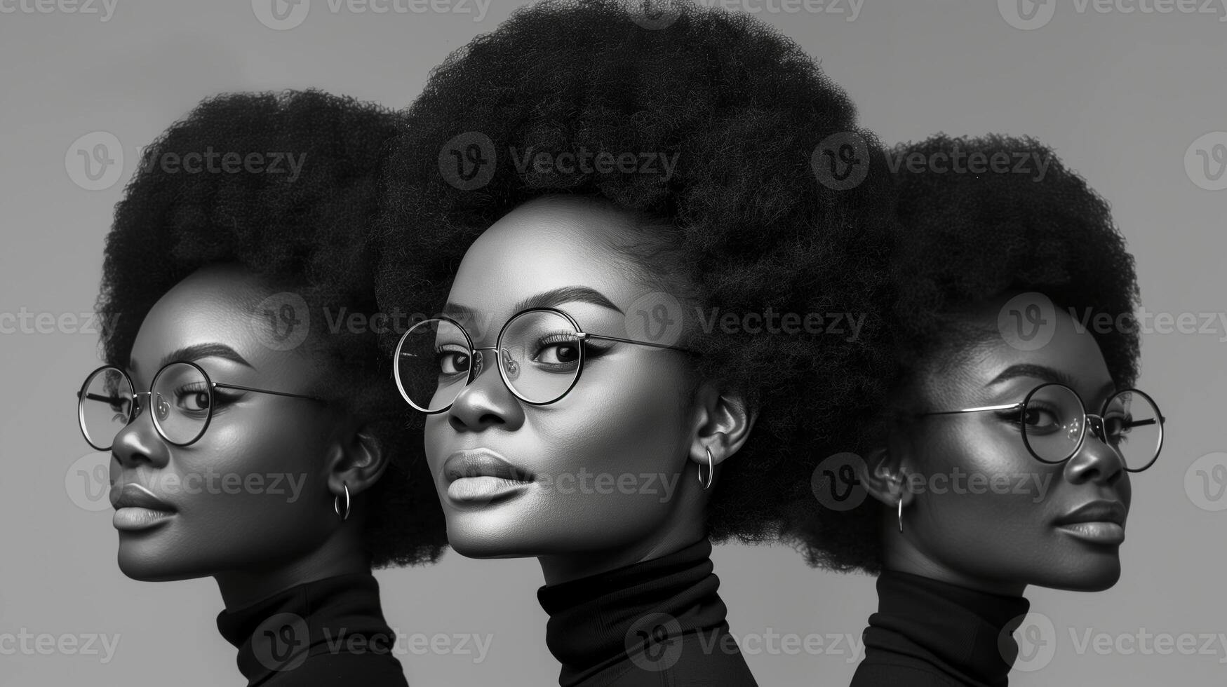 Triad of Stylish Black Women with Afro Hair and Glasses, Monochrome Black and White Portrait, Contemporary Lens, Side and Frontal Views, Fashion Forward and Confident, Chic Urban Aesthetic photo