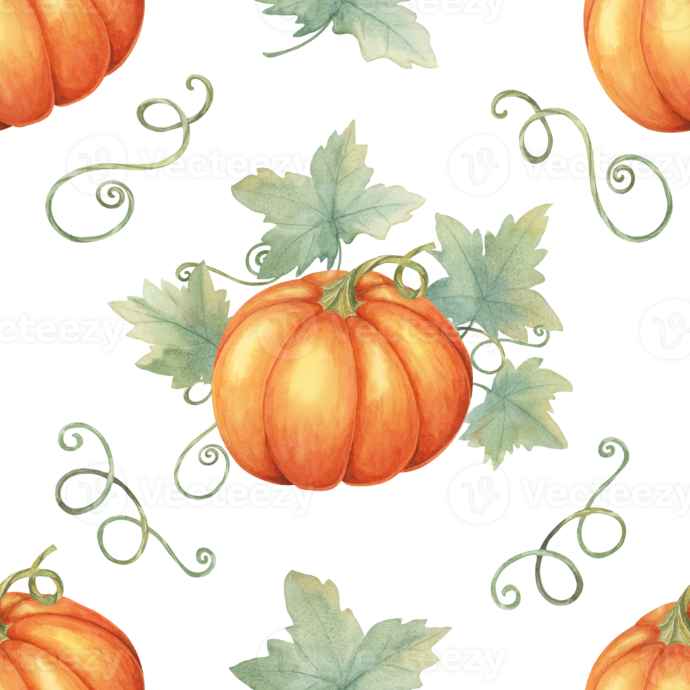 Orange pumpkins with green leaves and vines clipart. Watercolor seamless pattern Perfect for autumn-themed wrapping paper, fabric design, party invitations, and seasonal decorations. png