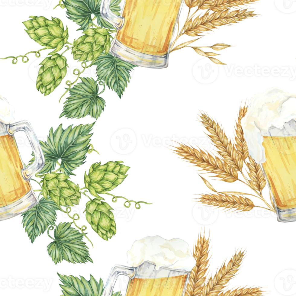 Beer mugs, barley spikes, and green hops background. Watercolor seamless pattern great for eco-friendly packaging, rustic home decor, nature-themed designs, and organic branding materials png