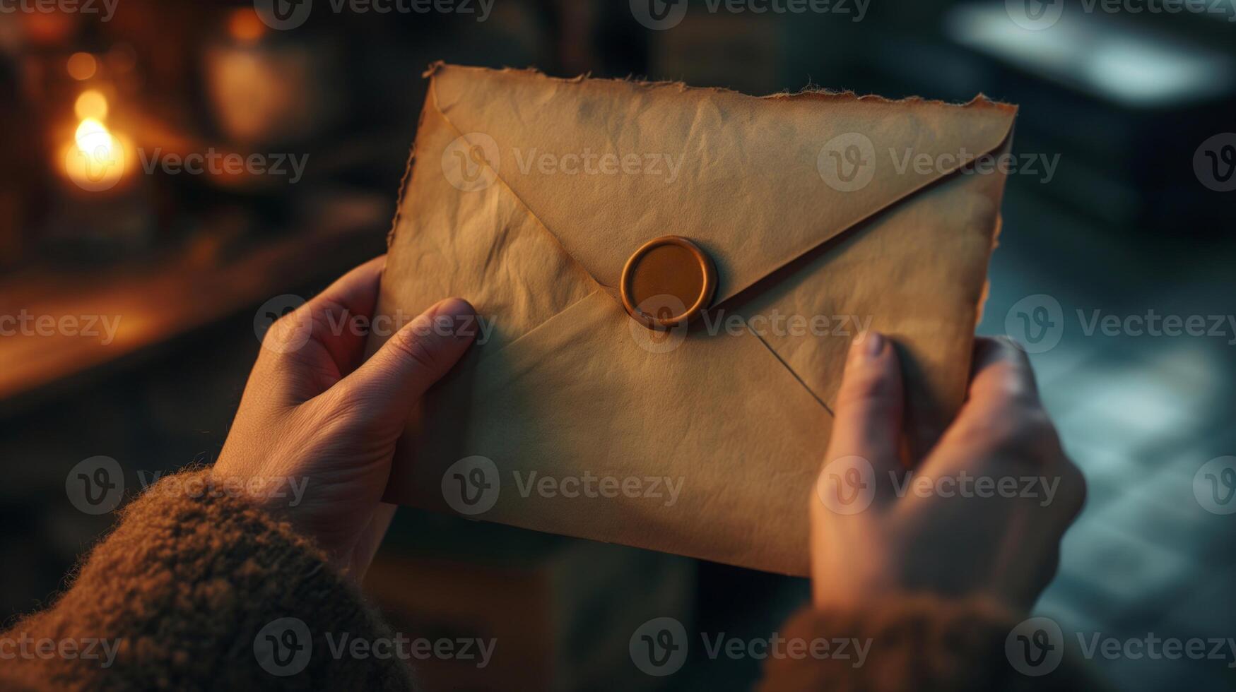 Vintage Envelope Sealed with Wax in Cozy Candlelit Room, Warm Ambient Lighting, Close-Up of Hands Holding Rustic Letter, Perfect for Holiday Season, Nostalgic, Historical Communication, Holiday Magic photo