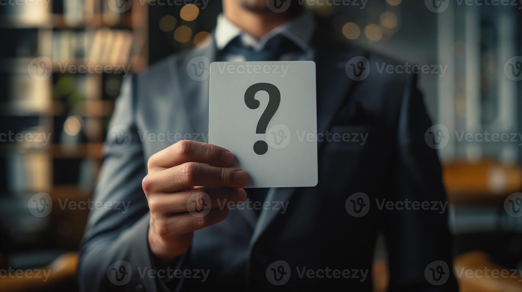 Businessman Holding Question Mark Card in Hand - Mystery, Uncertainty, and Decision Making Concept in Office Environment, Blurred Background with Bookshelves and Lights photo