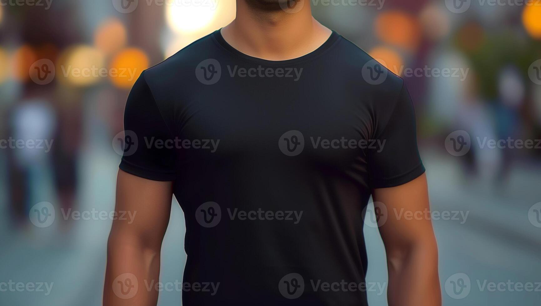 Close-Up of Man Wearing Black T-Shirt in Urban Street Setting During Golden Hour With Bokeh Background photo