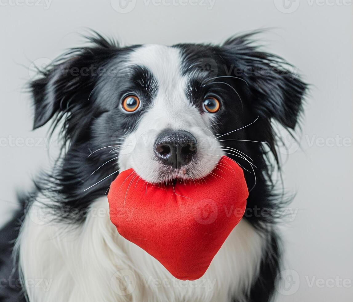 Border Collie Holding Red Heart-Shaped Toy in Mouth, Close-Up on White Background, Expressing Love and Affection, Perfect for Valentine's Day and Pet-Themed Designs, Detailed Focus, Captivating Gaze photo