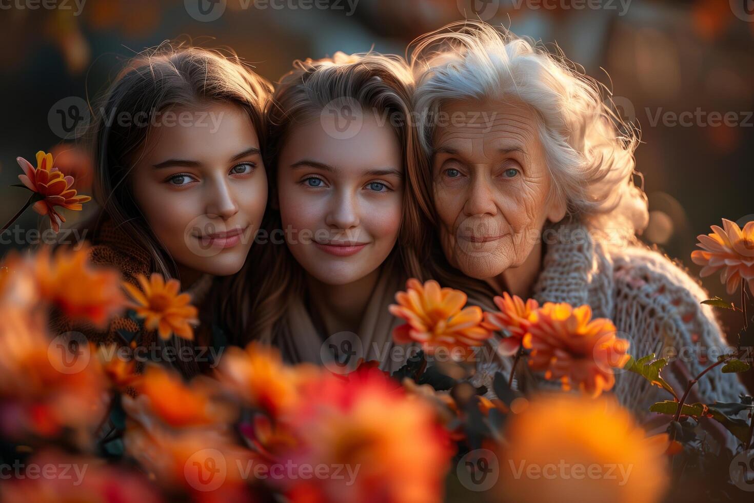 Generational Bonding Among Autumn Flowers - Three Women Representing Grandmother, Mother, and Daughter Smiling Surrounded by Vibrant Fall Blooms, Capturing Warmth, Love, and Beauty of Family Moments photo