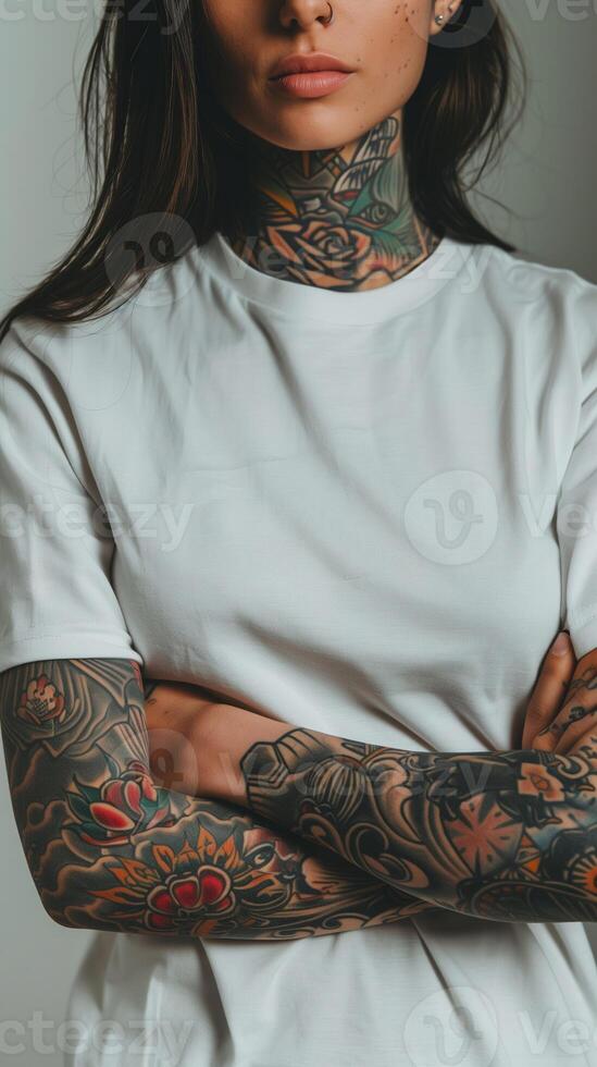 Stylish Woman with Arm and Neck Tattoos in White T-Shirt, Intricate Tattoo Art, Edgy Fashion Statement, High-Resolution Stock Photo for Print and Web Use