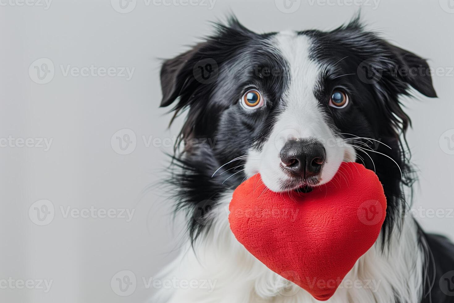 Cute Black and White Border Collie Dog Holding Red Heart Plush Toy in Mouth Against Gray Background - Valentine's Day Pet Love Concept photo