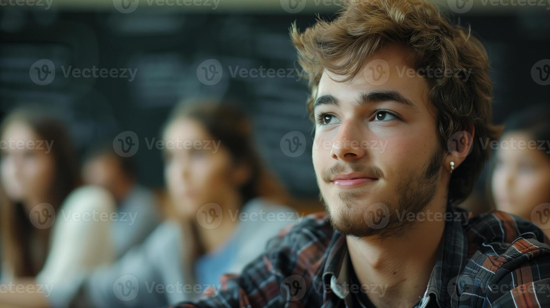 Focused Young Man in Classroom Amid Group of Students During Lecture with Chalkboard in Background photo