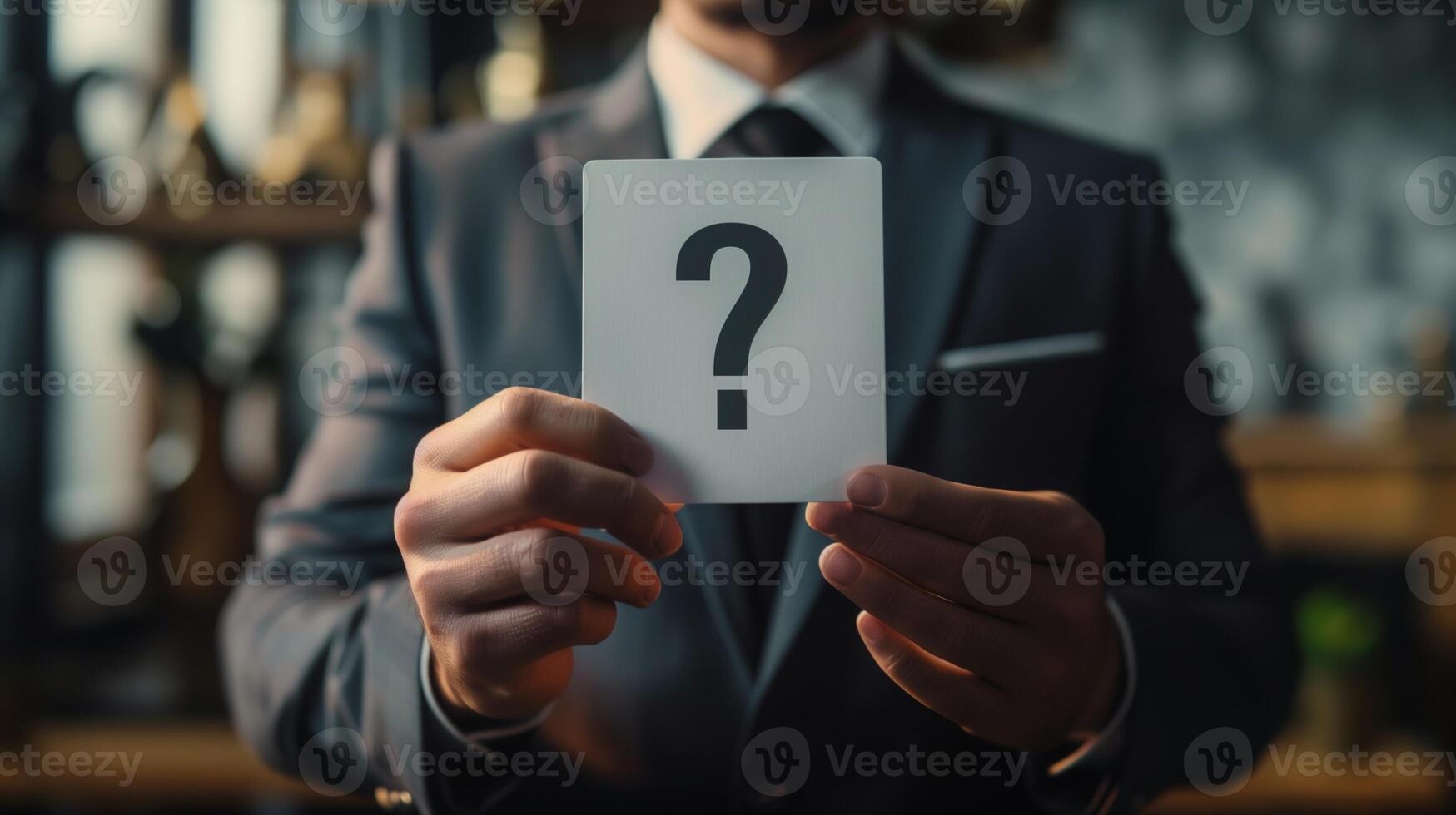 Businessman Holding a Blank Card with Question Mark in a Professional Office Setting photo