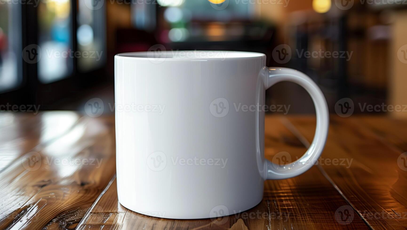 White Ceramic Mug on Wooden Table in Cozy Cafe Setting with Blurred Background - Perfect for Coffee, Tea, Beverage Themes, Warm Atmosphere Concept, and Kitchen Decor Design photo