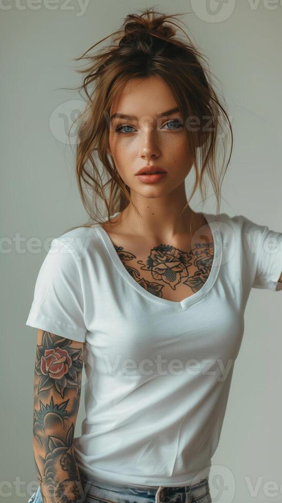 Young Woman with Tattoos Wearing White T-Shirt Against Neutral Background - Minimalist Fashion and Style, Tattoo Art Expression, Casual Wear, Studio Portrait Photography photo