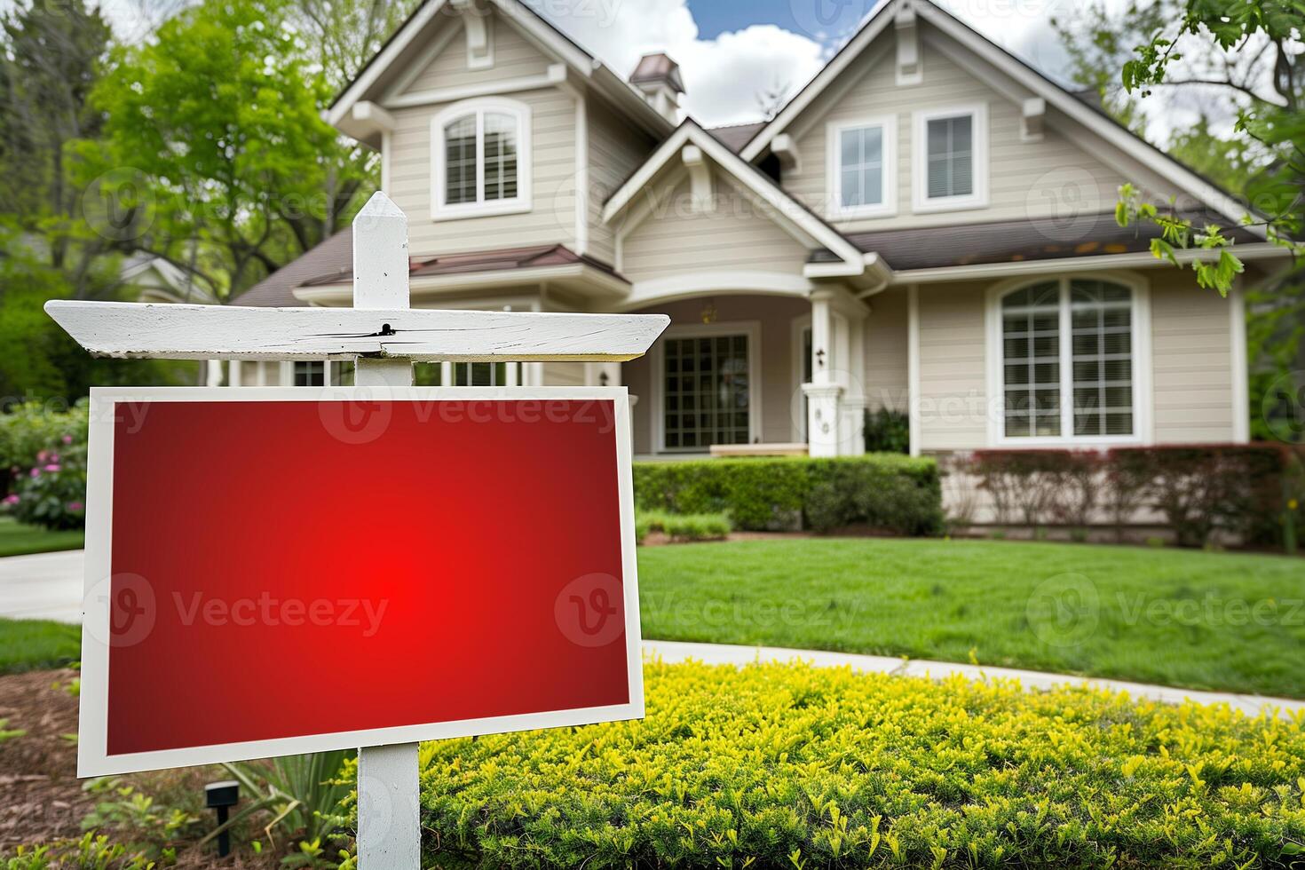 Empty Board Sign for Text. House for Sale with Red Blank Real Estate Sign in Front Yard, White Fence, Green Lawn, Spring Trees, and Sunny Sky photo