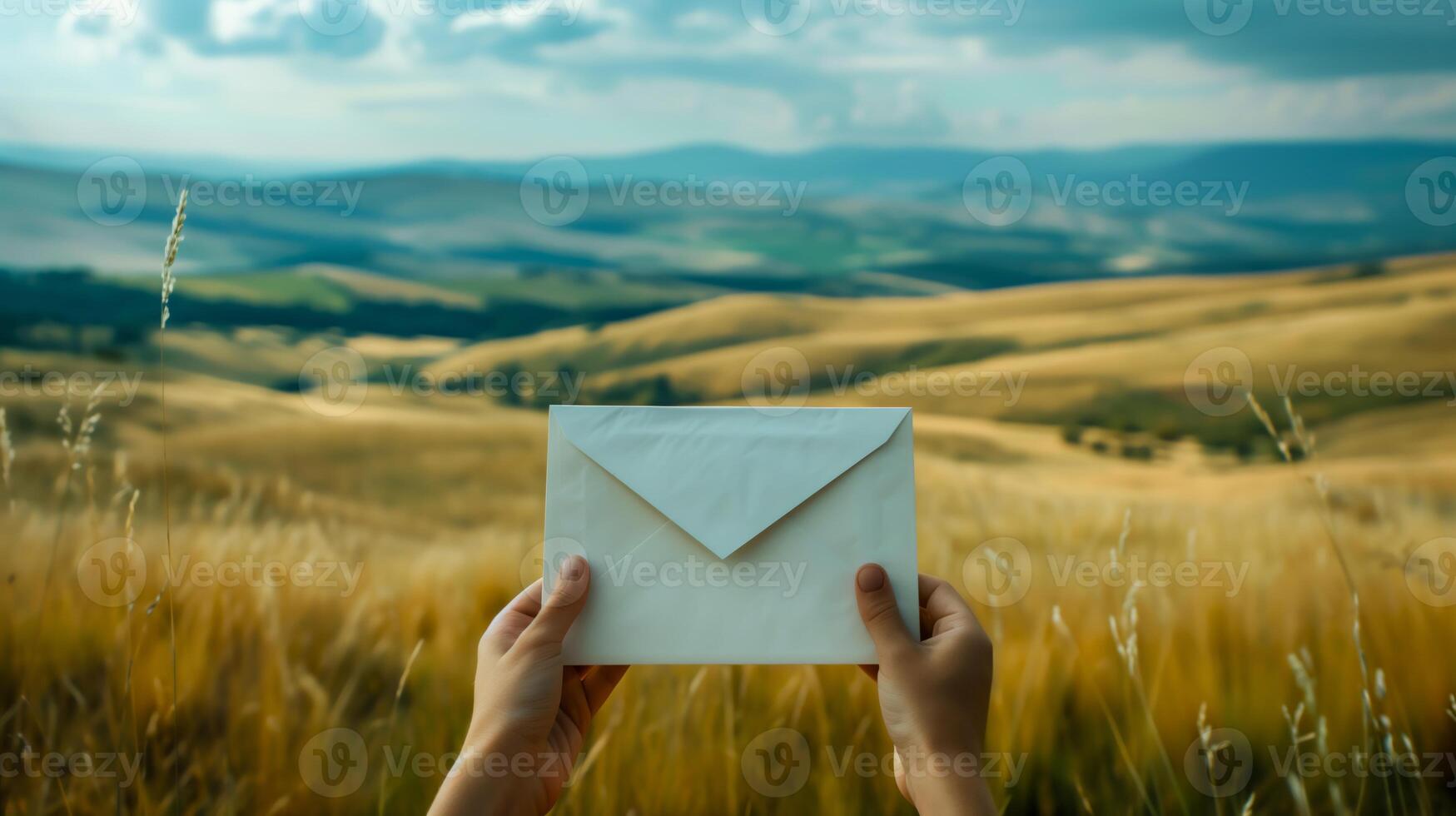 Hands Holding Envelope in Countryside Field During Summer with Rolling Hills and Blue Sky Background photo