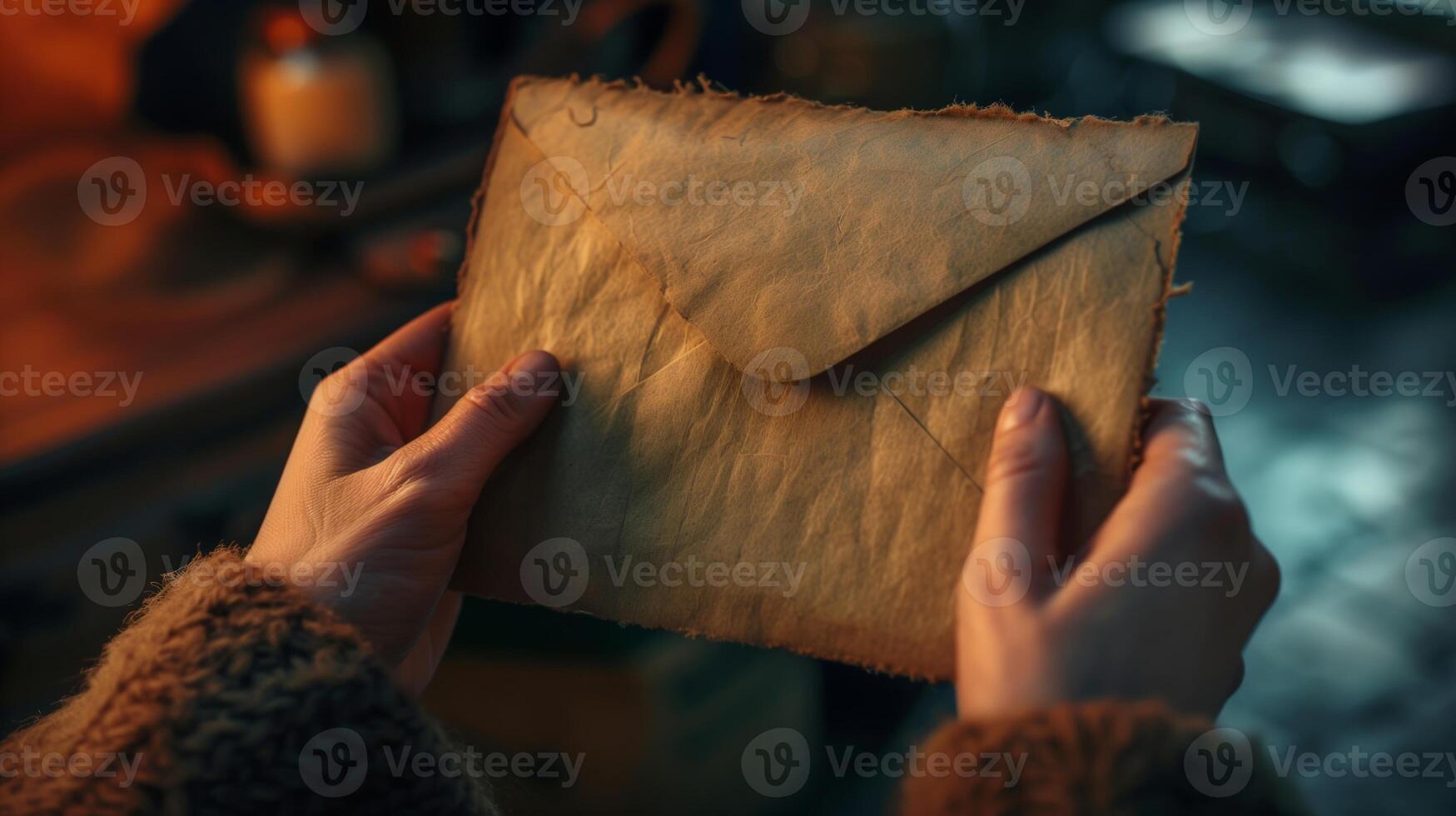 Vintage Letter Held in Hands With Cozy Warm Sweater, Antique Envelope in Rustic Setting, Close-Up Scene, Concept of Nostalgia and Tradition, Perfect For Greeting Cards, Invitations photo