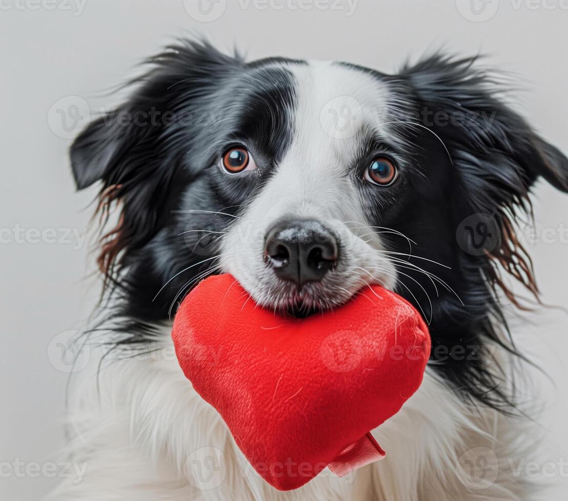 Adorable Border Collie with Heart-Shaped Red Toy in Mouth, Close-Up, Valentine's Day Themed, Playful Pet Portrait photo
