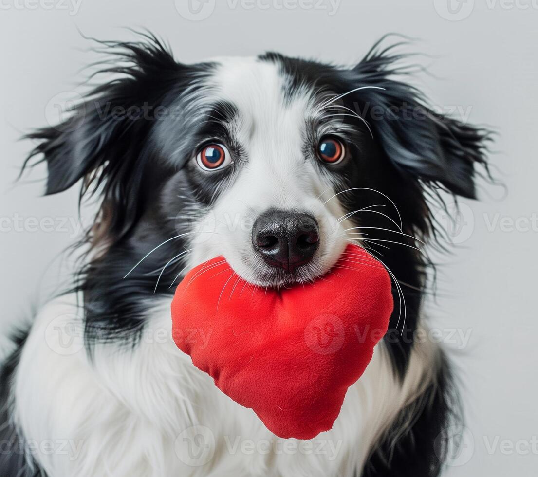 Adorable Black and White Dog Holding Red Heart-Shaped Plush Toy in Mouth, Close-Up View, Pet Portrait for Valentine's Day, Love and Friendship Theme with Isolated Background photo