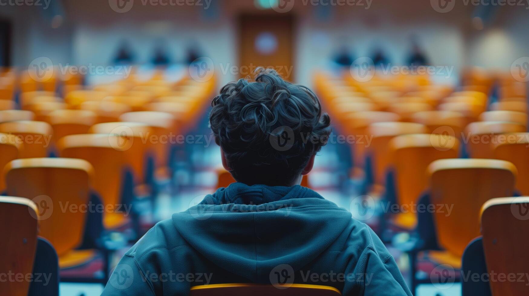 Back View of Student with Curly Hair in Empty Lecture Hall During Autumn, Preparing for Exam, Blurry Background with Rows of Wooden Chairs, Education Concept and Academic Atmosphere photo