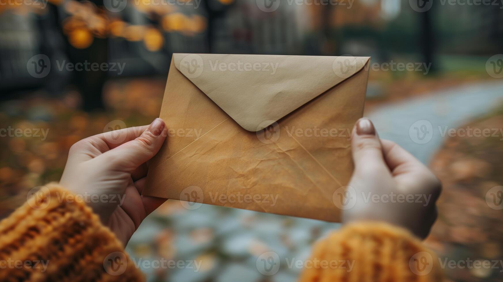 Autumn Greeting Card Concept Hands Holding Vintage Brown Envelope Against Blurred Fall Background with Leaves and Cozy Sweater Thanksgiving Invitations Seasonal Invitations, Editorial Social Media Ads photo