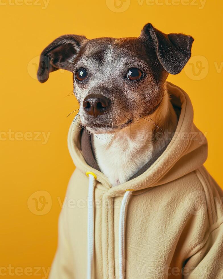 Adorable Small Dog in Beige Hoodie Against Bright Orange Background for Fall Fashion and Pet Portraits photo