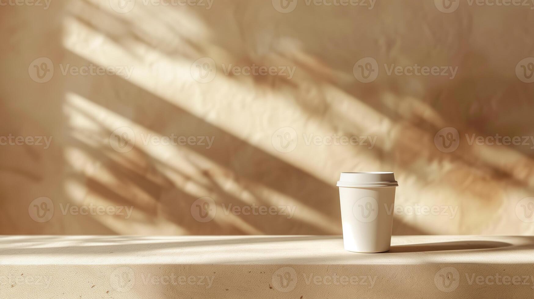 Minimalist White Clear Coffee Cup on Sunlit Table with Textured Beige Background, Perfect for Modern Cafes, Lifestyle Blogs, and Branding Projects photo