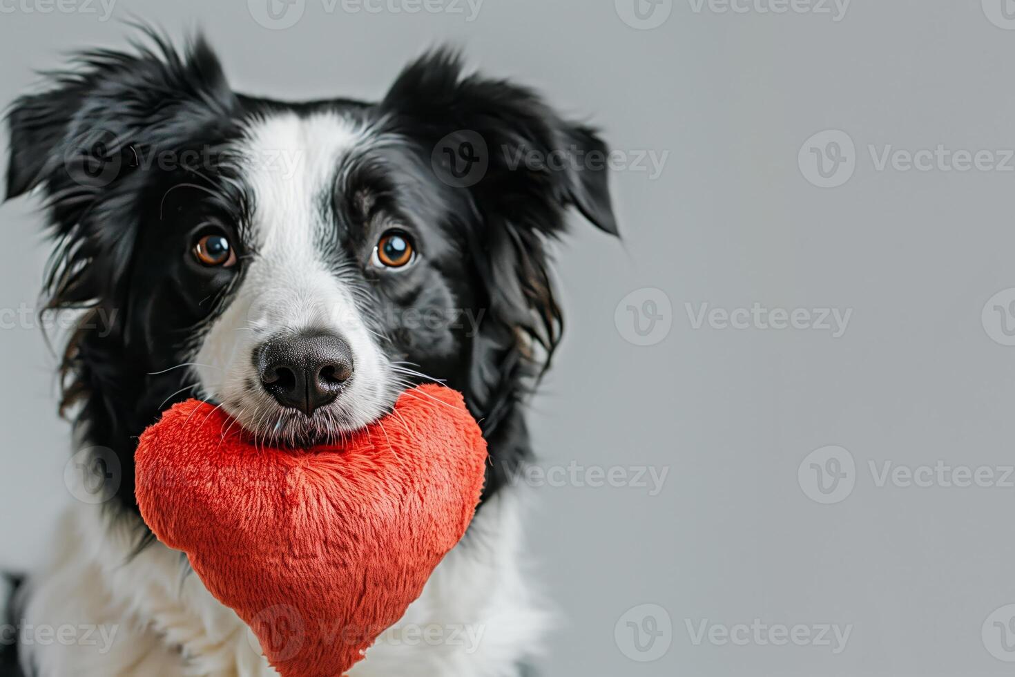 Adorable Black and White Dog Holding Red Heart Toy, Isolated on Grey Background, Celebrating Valentine's Day with Cute Expression and Fluffy Fur photo