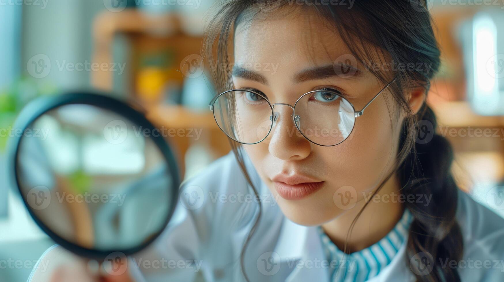 Young Scientist Exploring Through Magnifying Glass in Laboratory, Focused Female Researcher Studying Sample, Science Experiment, Innovative Analysis, Education, Curious Student in Scientific Setting photo