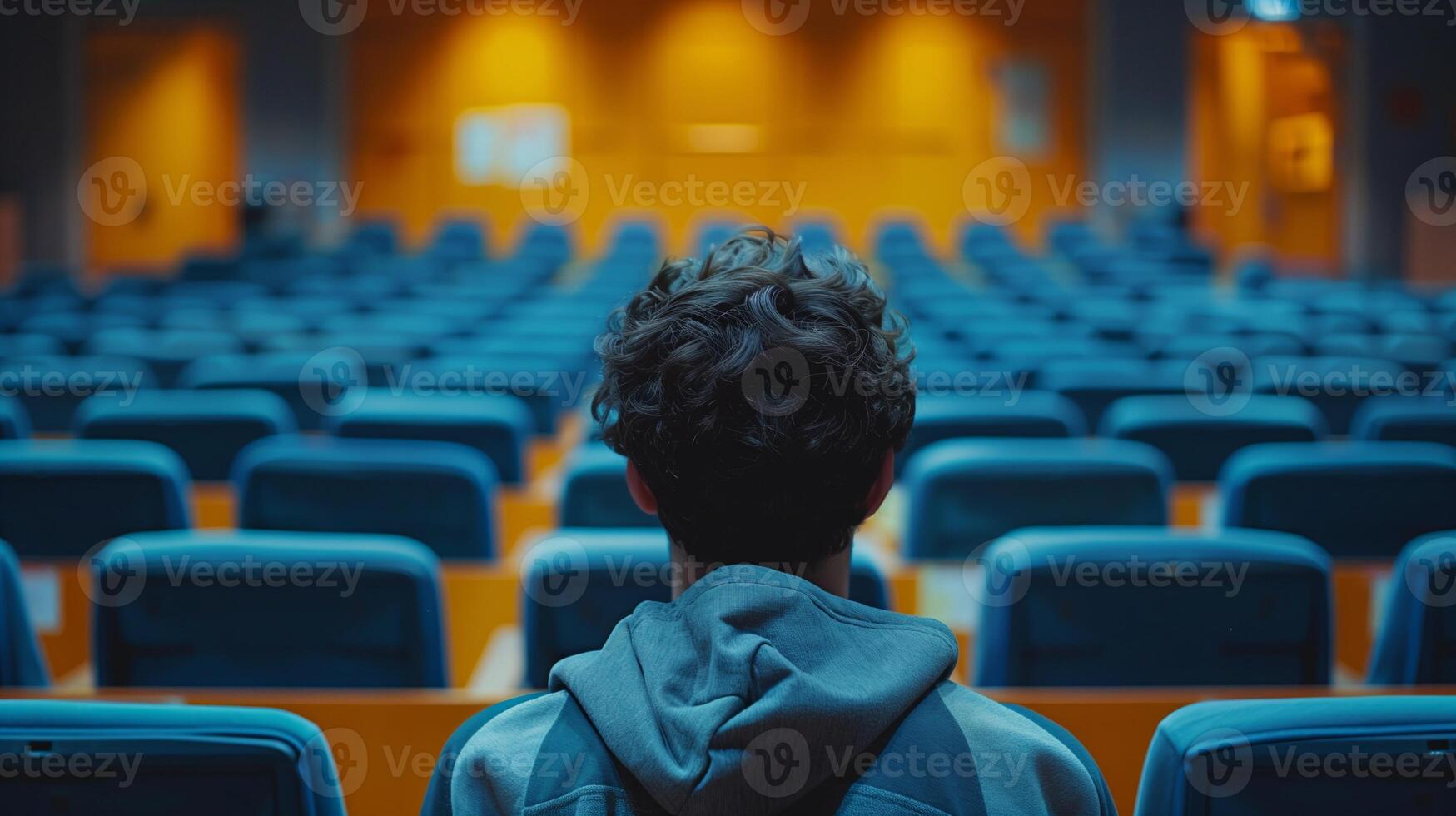 Back View of a Person in a Hoodie Sitting in an Empty Auditorium with Blue Chairs Under Warm Lighting photo