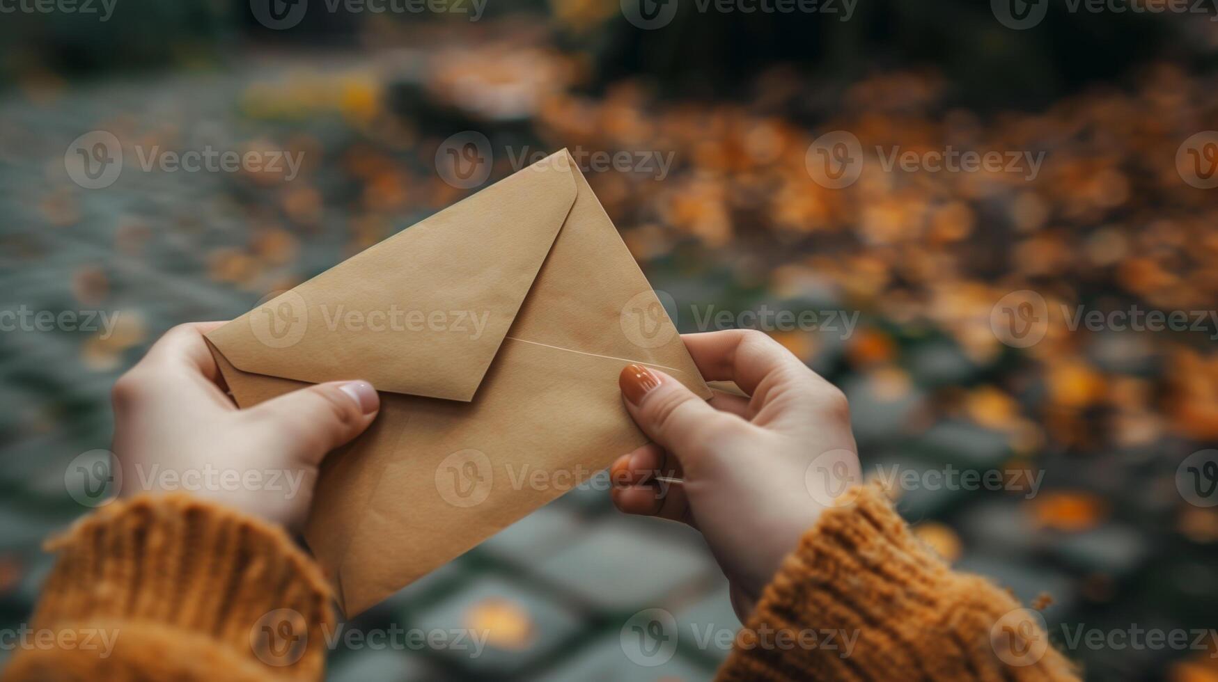 Hands Holding Brown Envelope in Cozy Sweater on Cobblestone Path with Autumn Leaves Background, Ideal for Fall Greeting Cards, Invitations, or Seasonal Communication Design photo