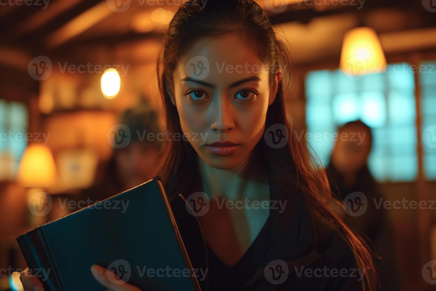 Woman Holding Empty Book Notebook with Copy Space cover, Dramatic Storytelling or Mystery Concept photo