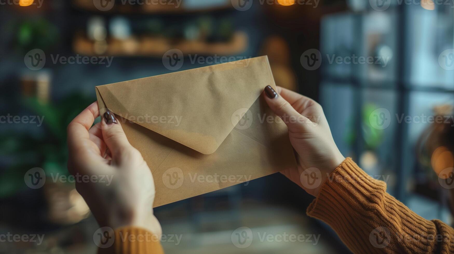Woman Holding Brown Envelope in Cozy Home Setting - Warm Lighting, Autumn Aesthetic, Close-Up of Hands, Soft Focus Background - Seasonal Greeting, Personal Letter, Postal Service Illustration photo