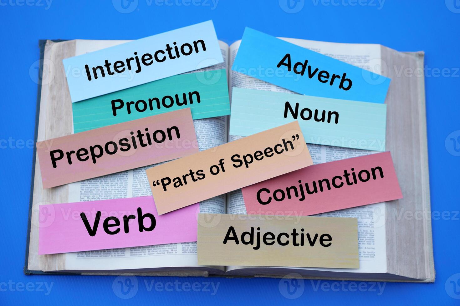 Colorful word cards about Parts of speech Noun Verb Pronoun Adverb Adjective Preposition Conjunction Interjection on old dictionary. Concept, English grammar teaching. photo