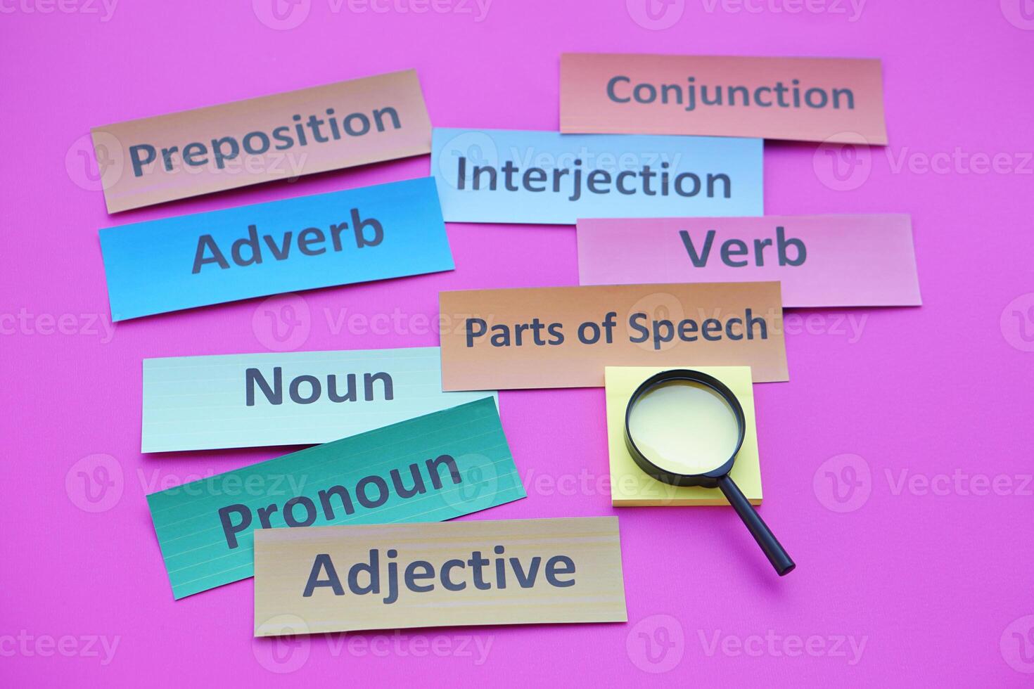 Colorful paper word cards about Parts of speech. Magnifying glass. Pink background. Concept, English grammar teaching. Learning English language lesson. photo