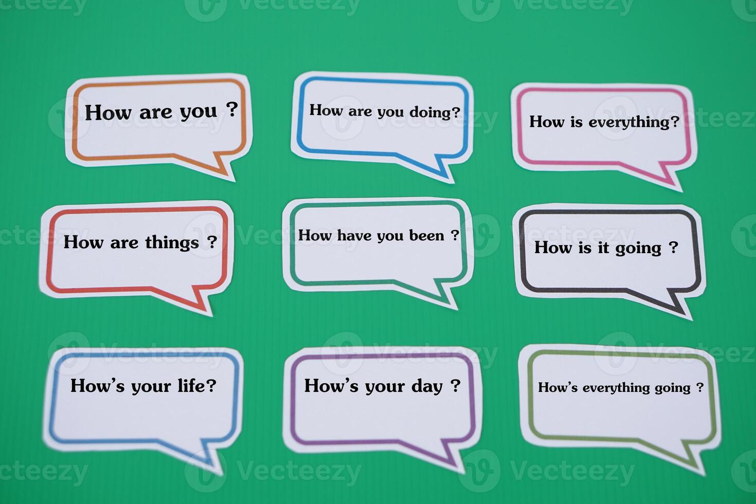 Speech bubbles paper cards with texts to ask questions about How are you Concept, Handmade English language teaching aid. English for communication in daily life. photo